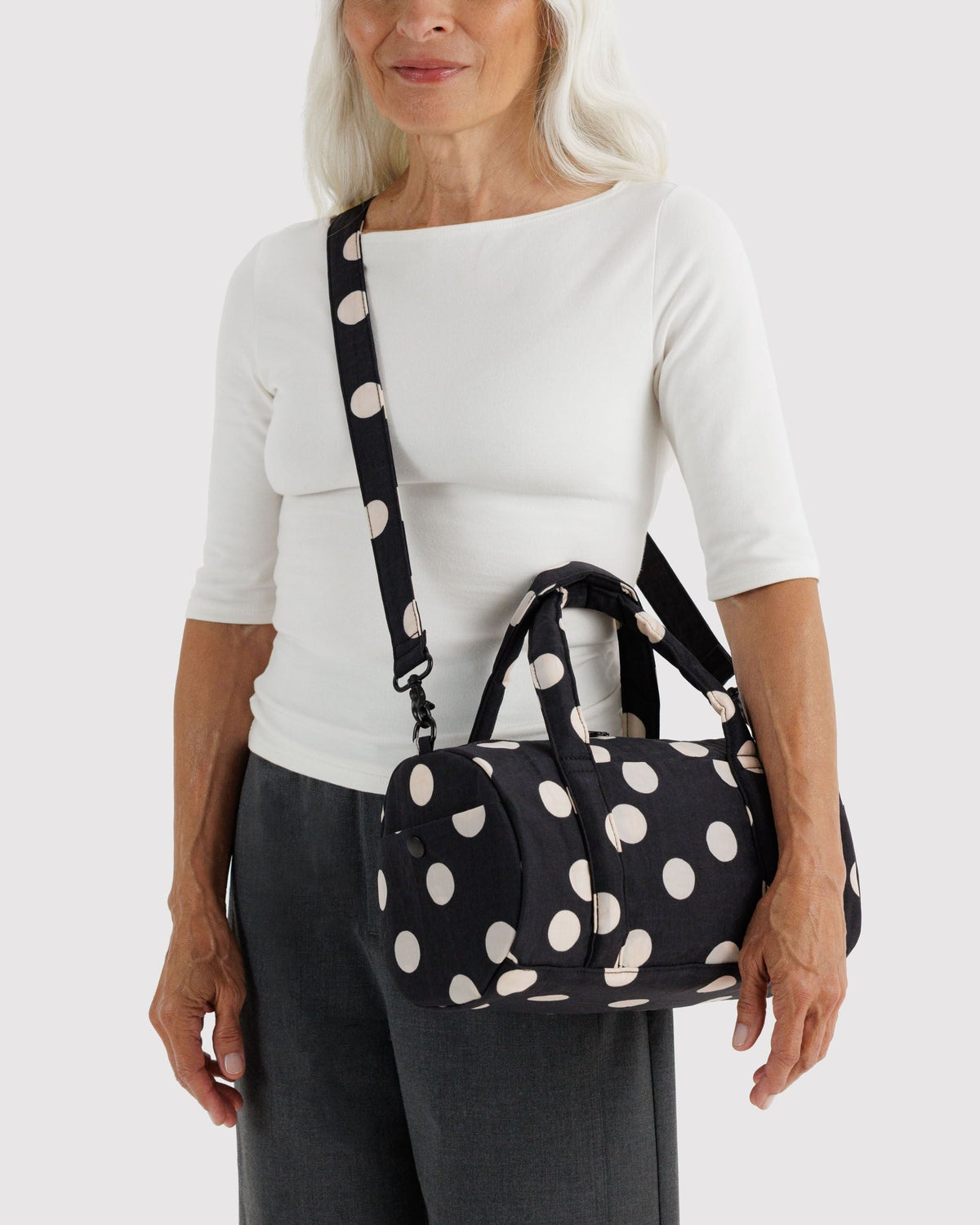Baggu Nylon Duffle Bag Black and Cream Polka Dot