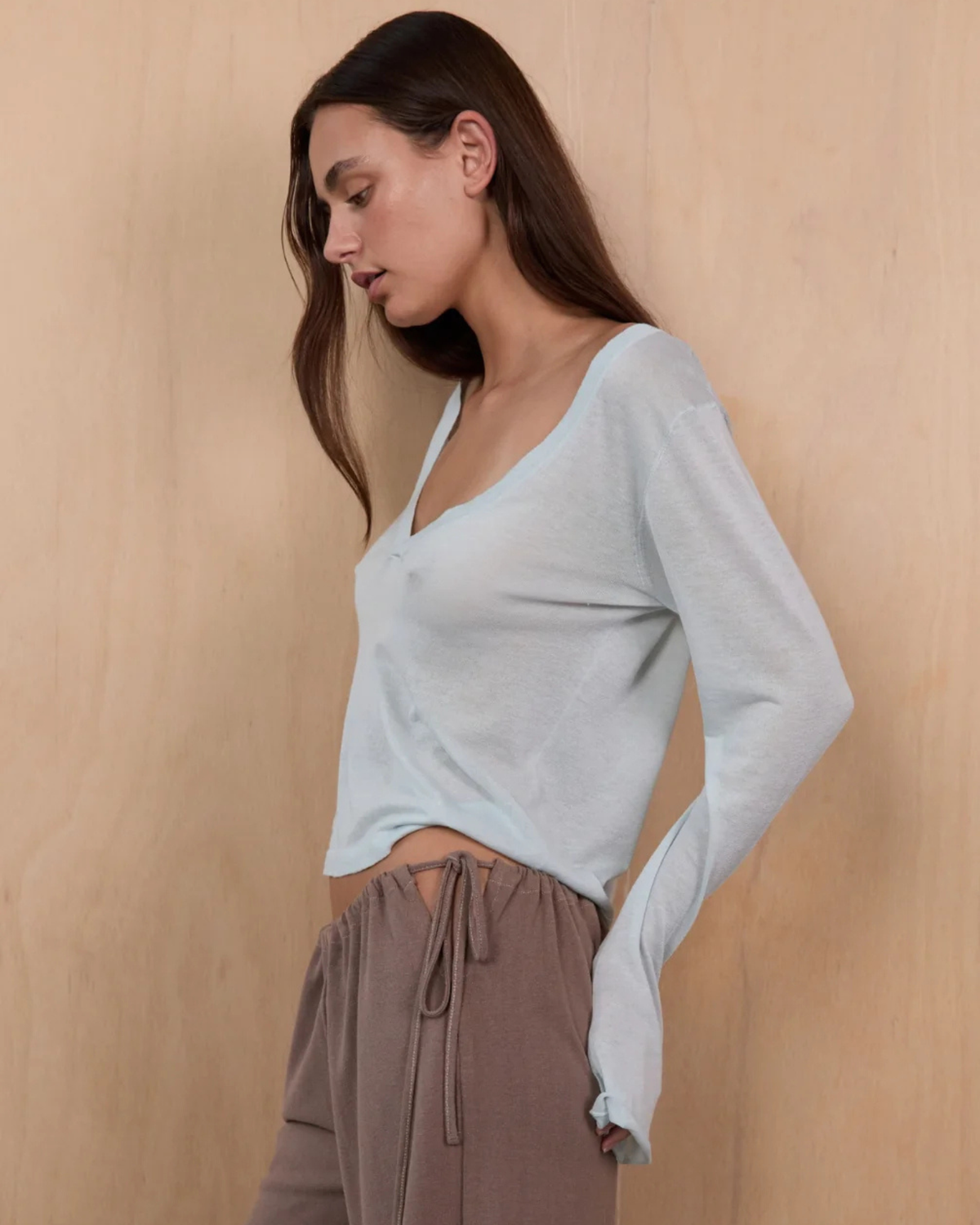 Pinky Kamal Knit LS V Neck Jersey Icy Blue