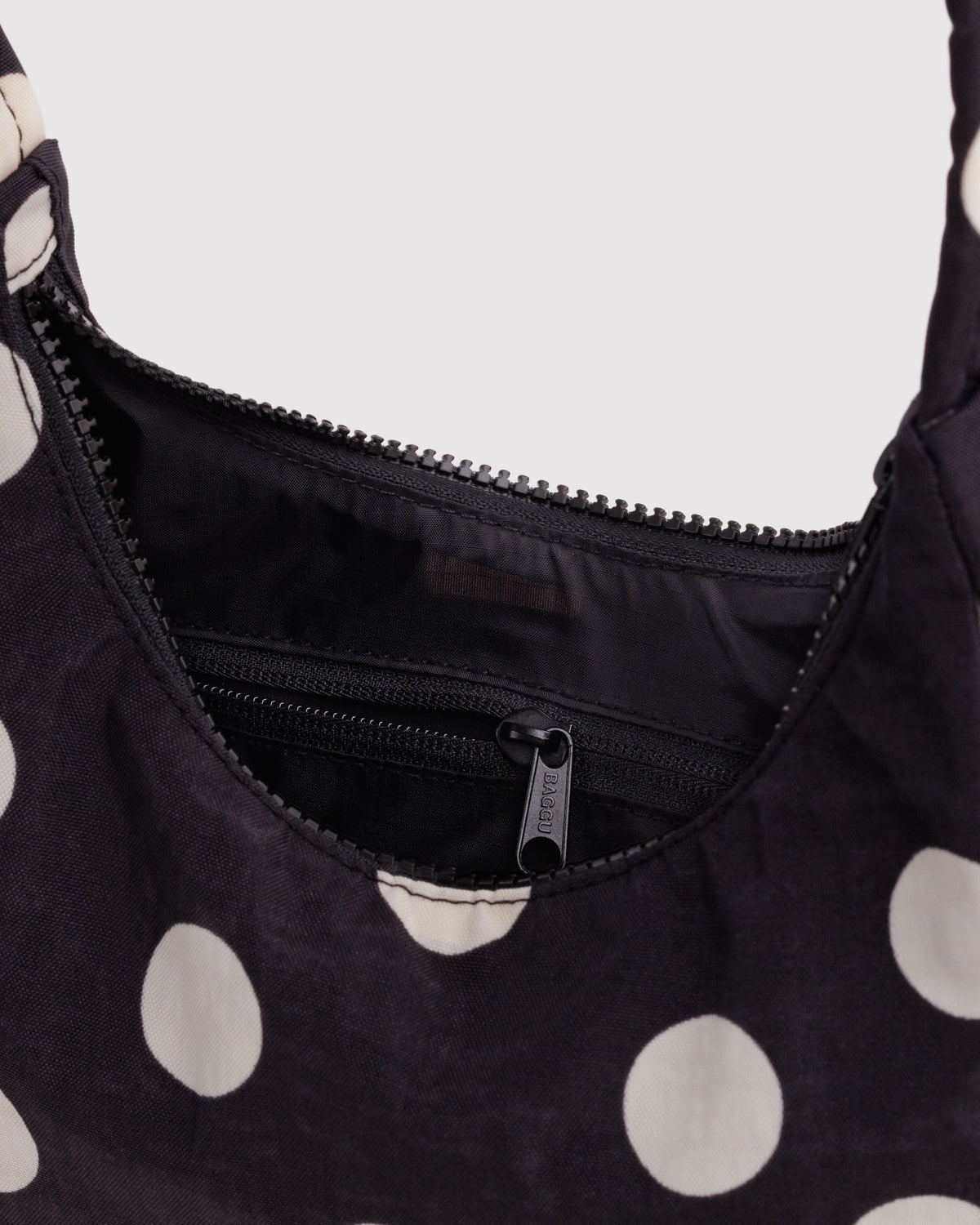 Baggu Mini Nylon Shoulder Bag Black and Cream Polka Dot