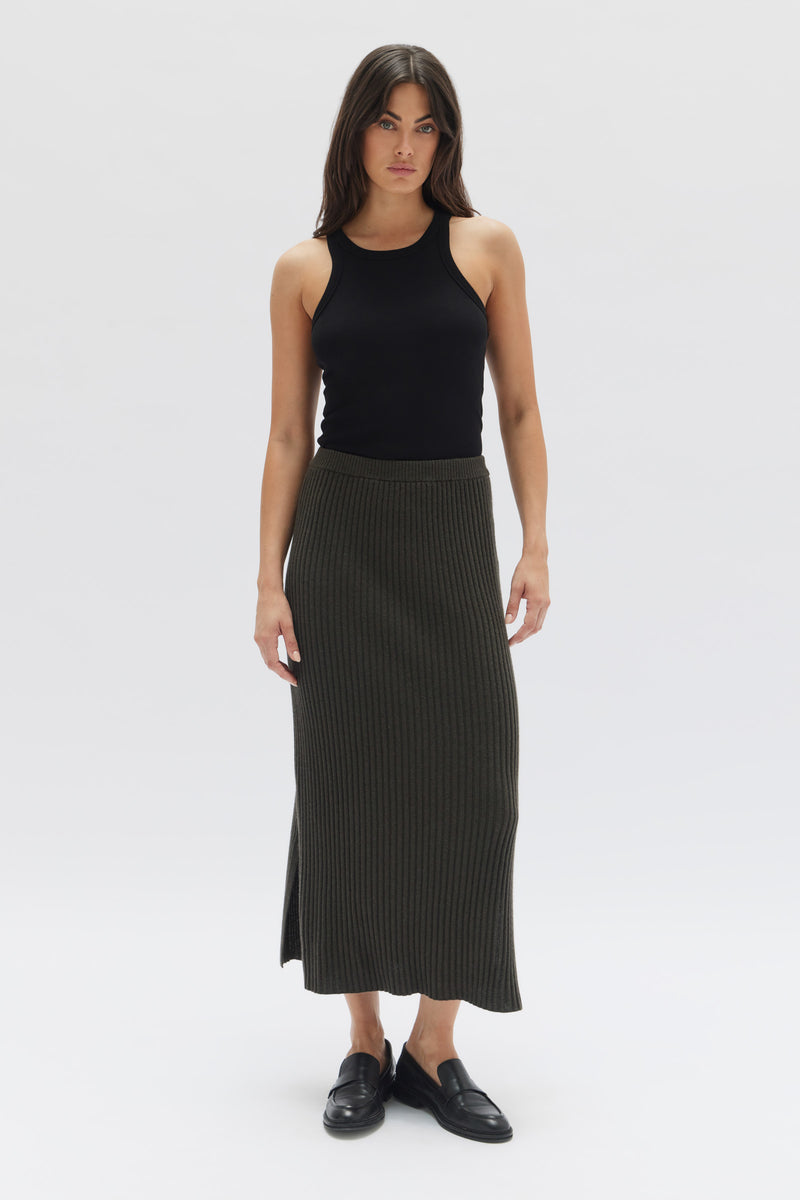 WOOL CASHMERE RIB SKIRT | DARK OLIVE