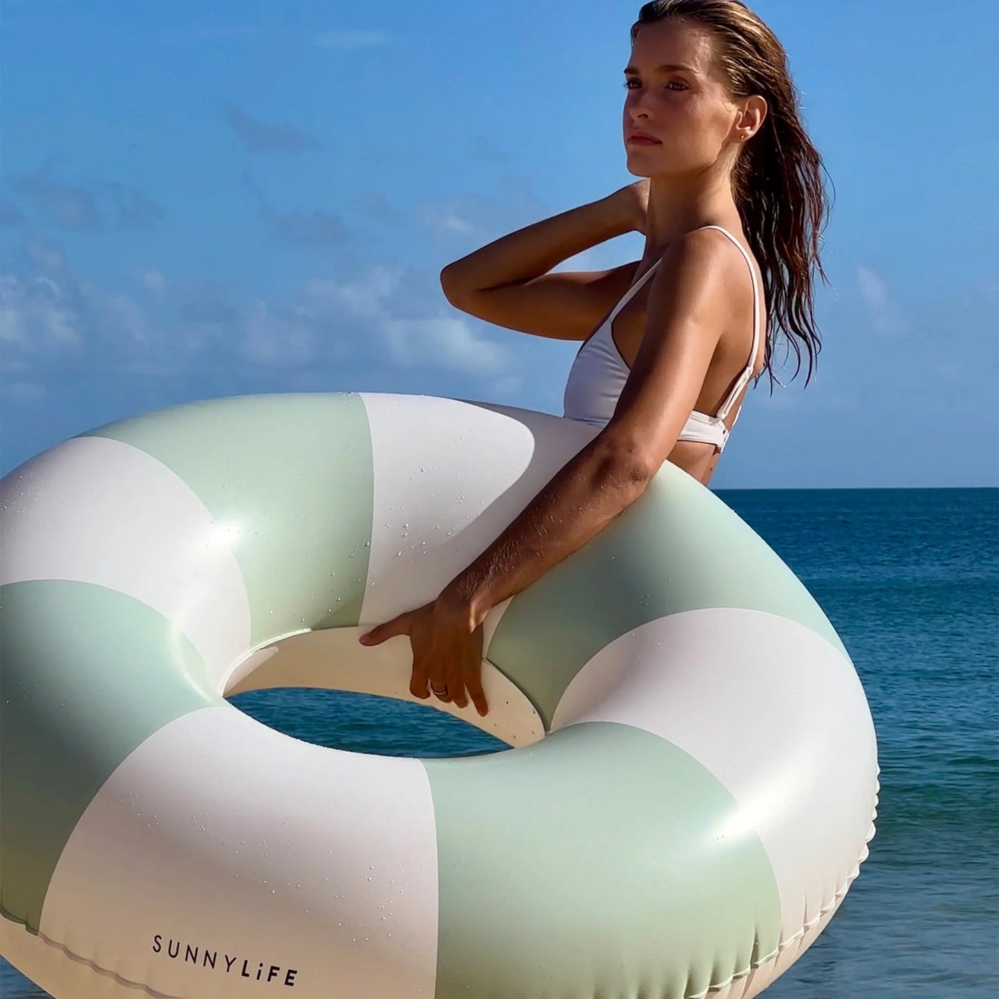 TUBE POOL RING | THE VACAY SOFT OLIVE STRIPE
