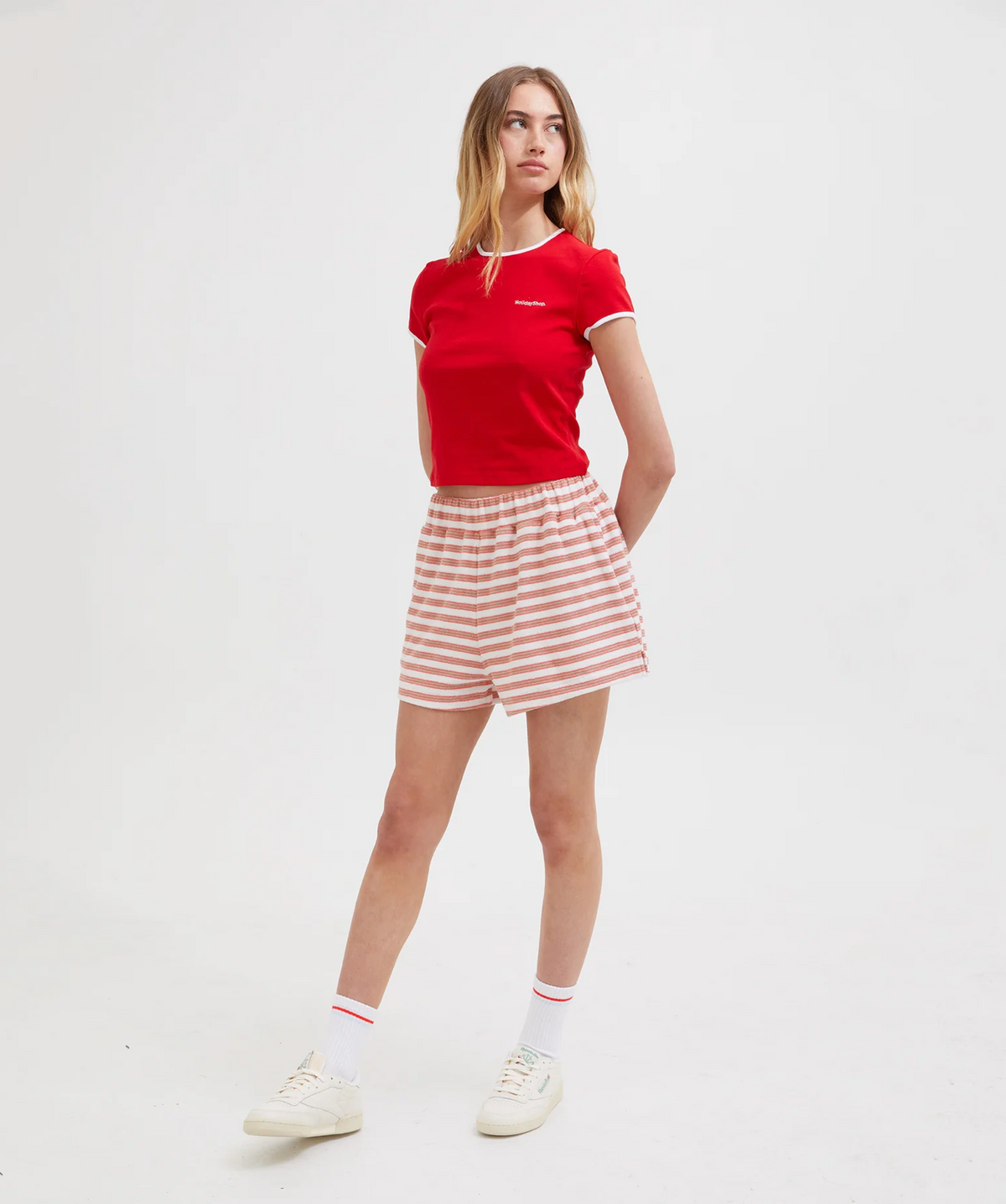 TERRY SHORTS | CORAL/WHITE STRIPE