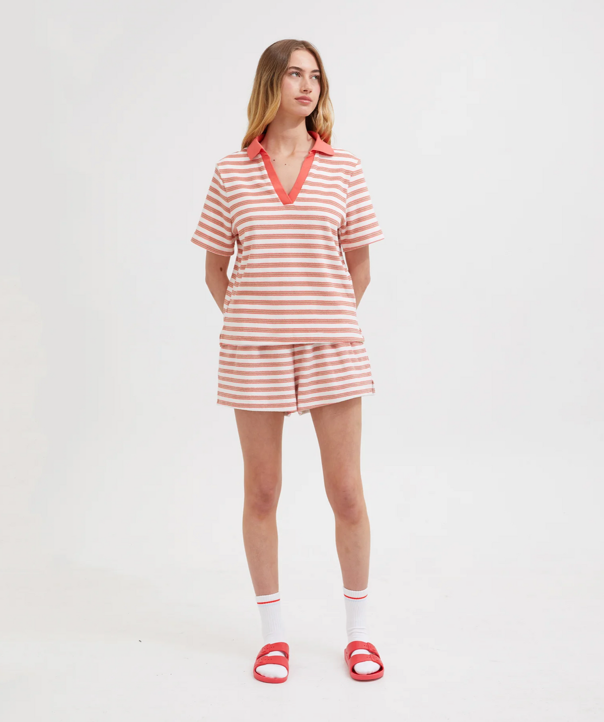 TERRY POLO | CORAL/WHITE STRIPE