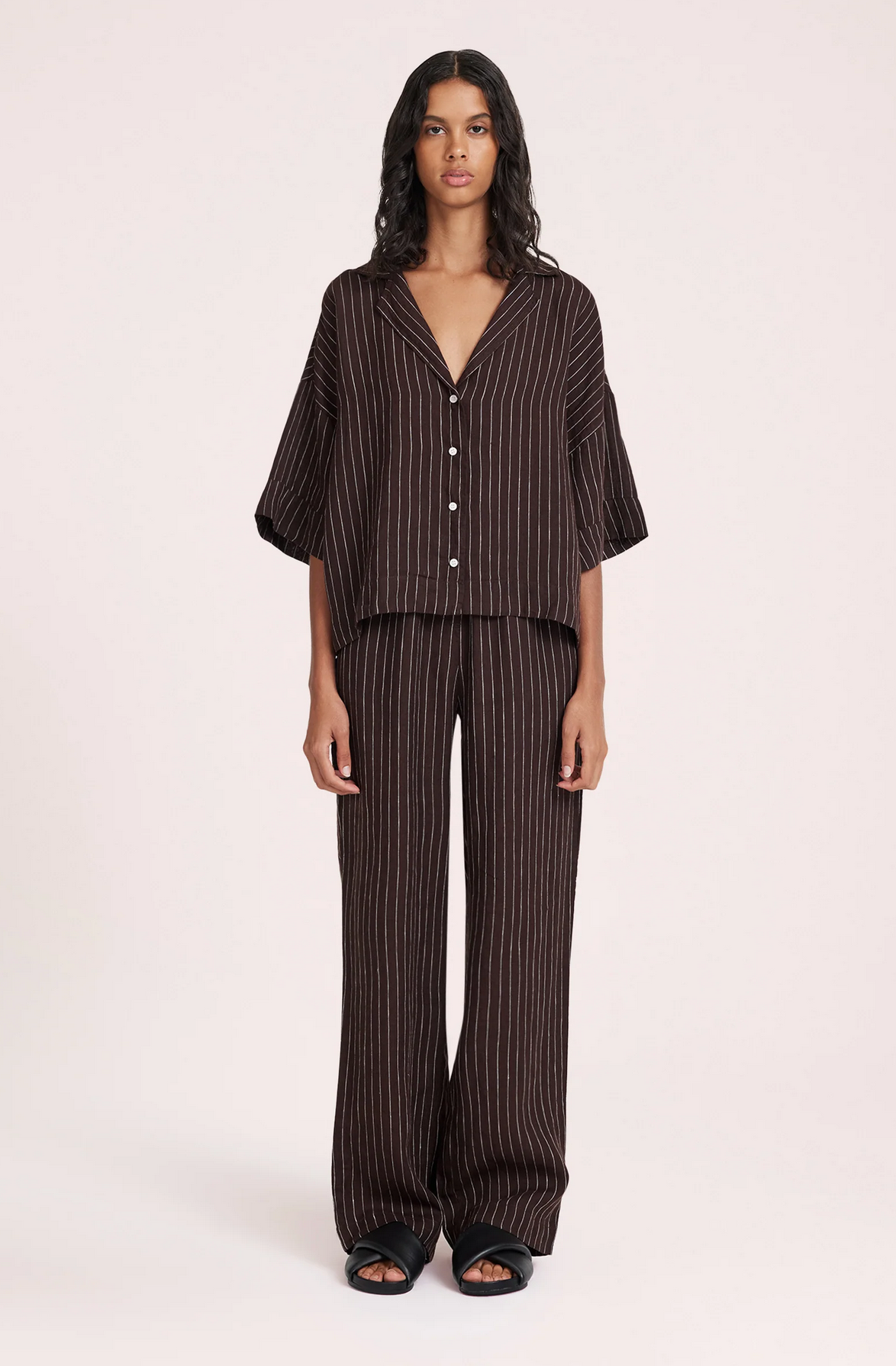 LOUNGE STRIPE LINEN PANT | RAISIN STRIPE