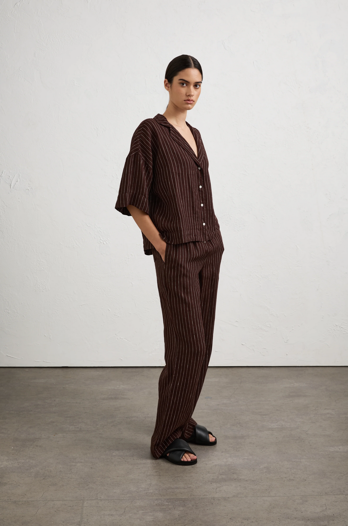 LOUNGE STRIPE LINEN PANT | RAISIN STRIPE