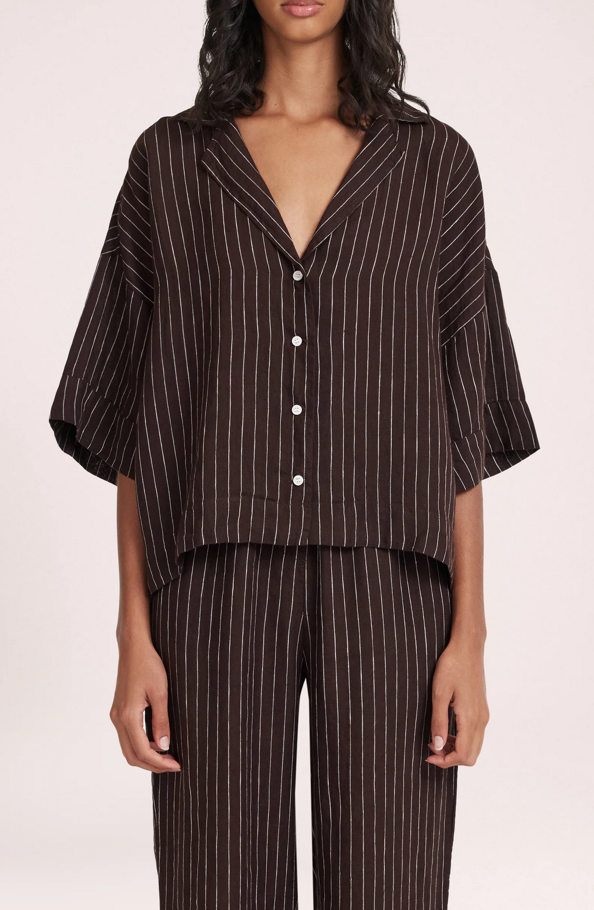 LOUNGE STRIPE LINEN SHIRT | RAISIN STRIPE