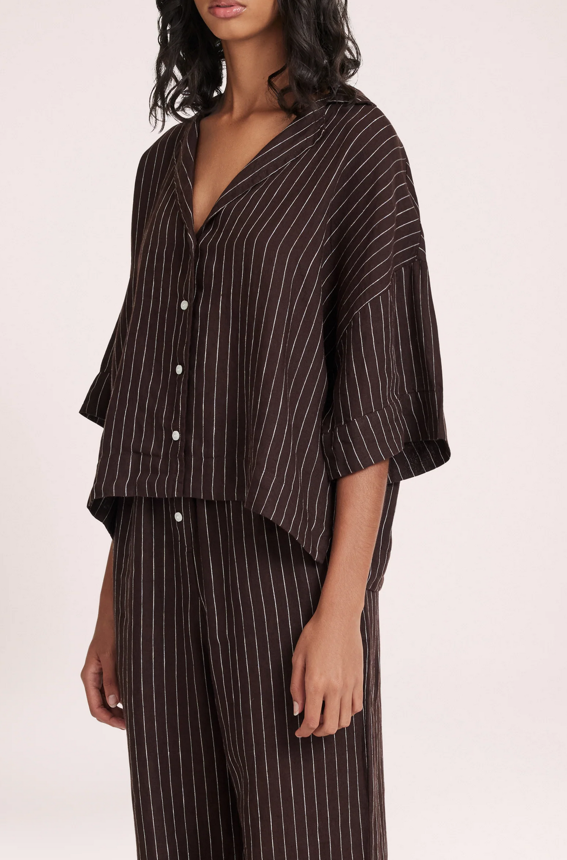 LOUNGE STRIPE LINEN SHIRT | RAISIN STRIPE
