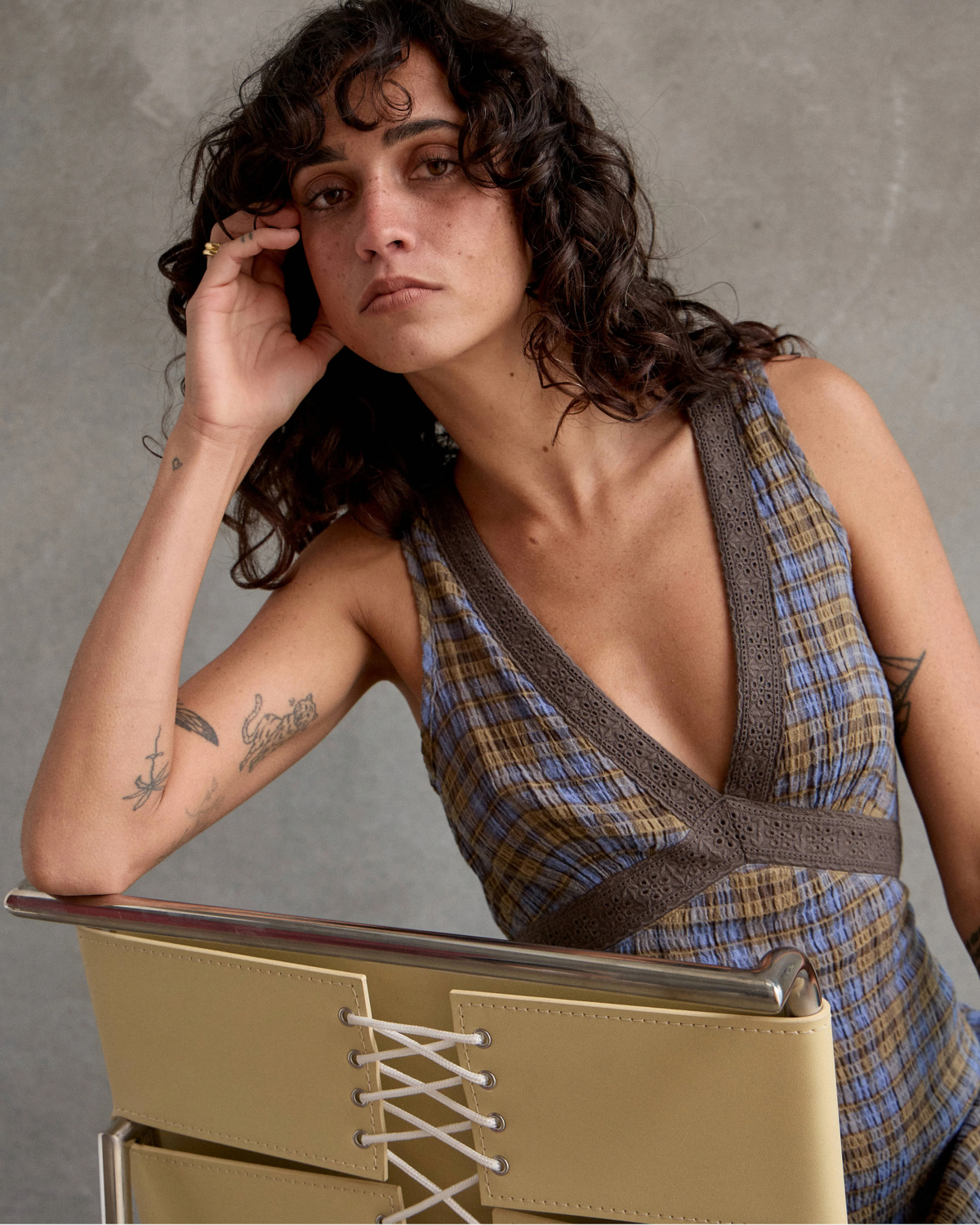 Afends Tully Seersucker Maxi Dress Cedar Blue Check
