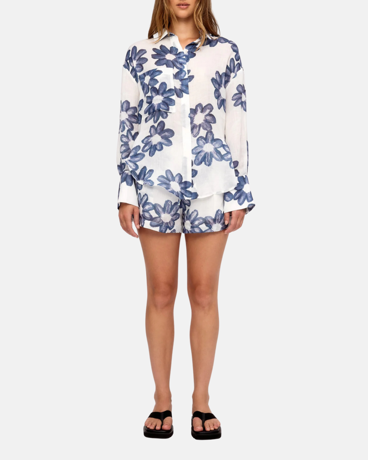 Zulu & Zephyr Blue Flower Ramie Tie Shirt