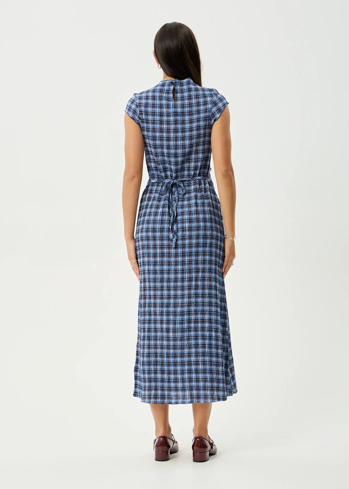 MOUNTAINS ELODIE SEERSUCKER MIDI DRESS | NAVY RED CHECK