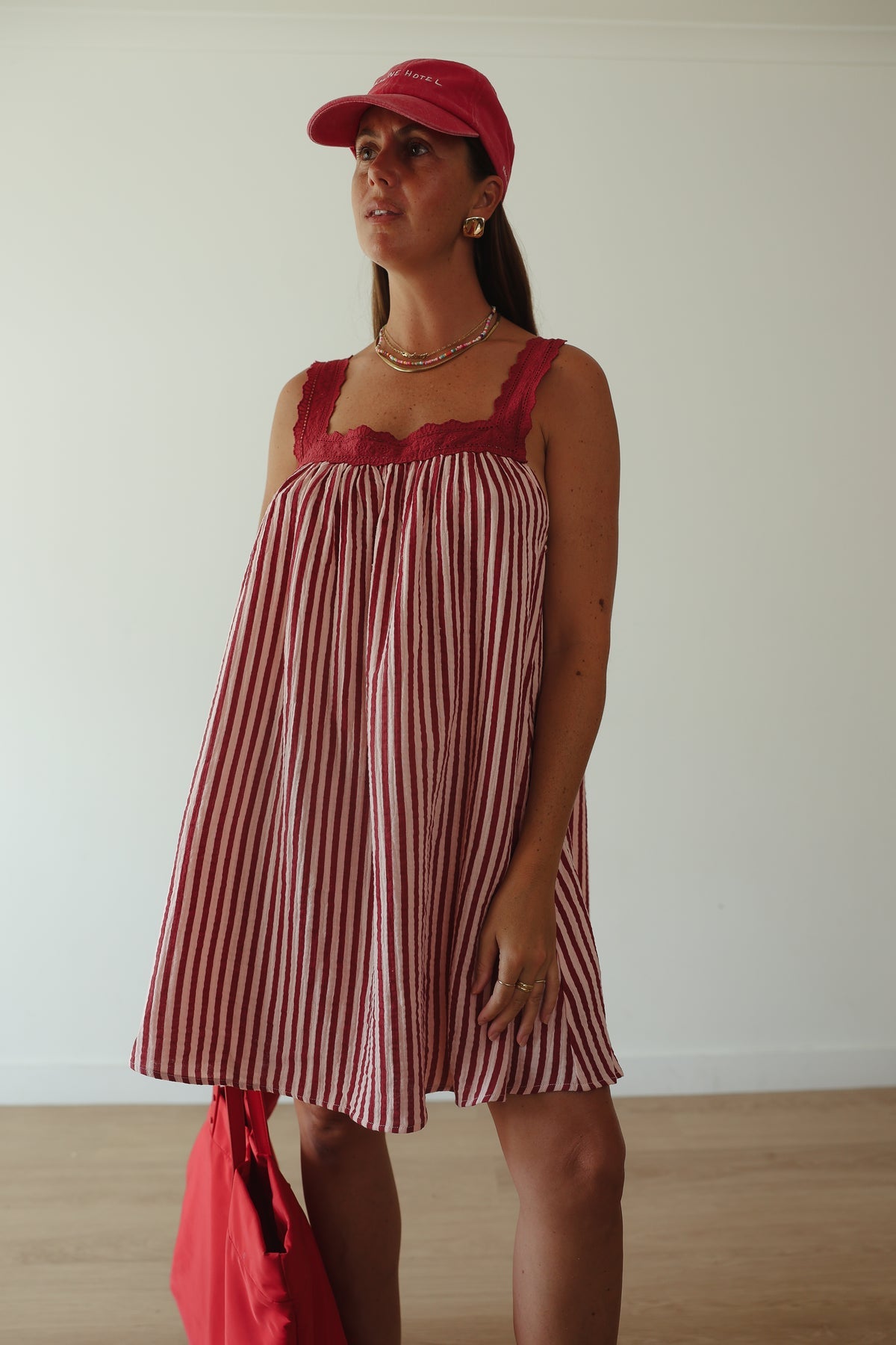 JUNO LACE NECK SLIP MINI DRESS | PINK & WINE STRIPE