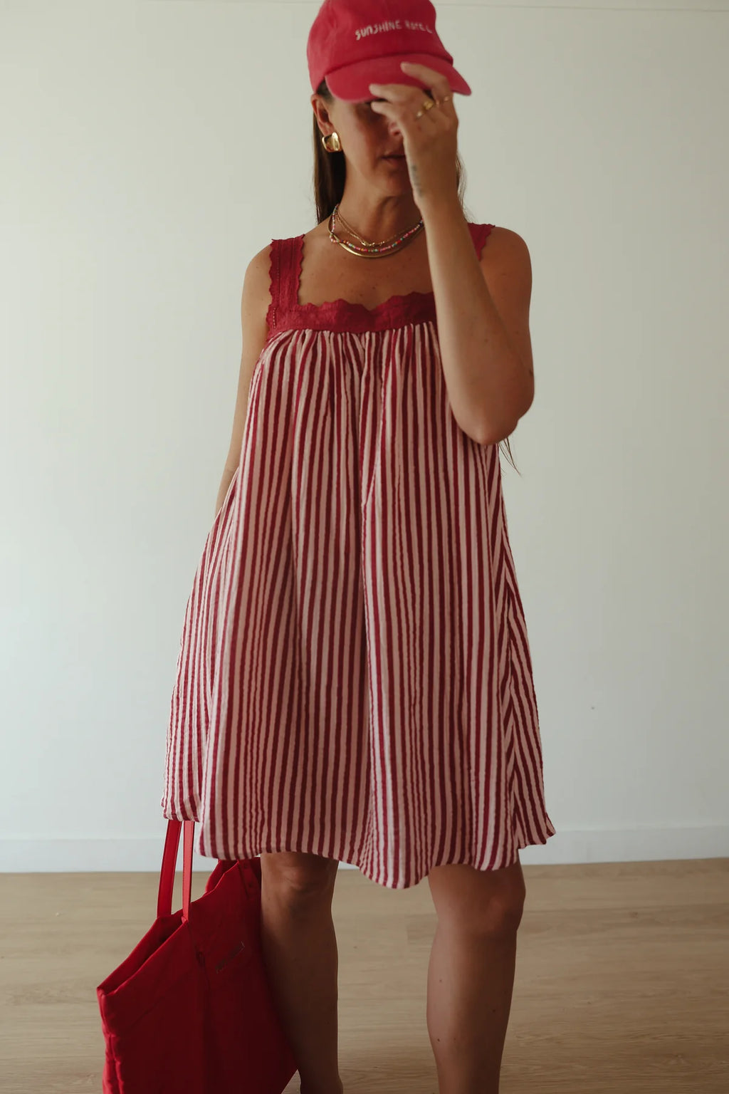 JUNO LACE NECK SLIP MINI DRESS | PINK & WINE STRIPE