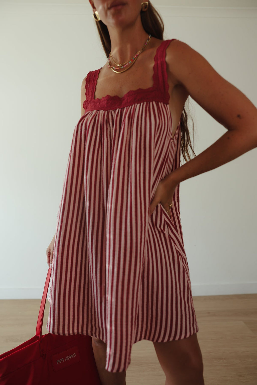JUNO LACE NECK SLIP MINI DRESS | PINK & WINE STRIPE