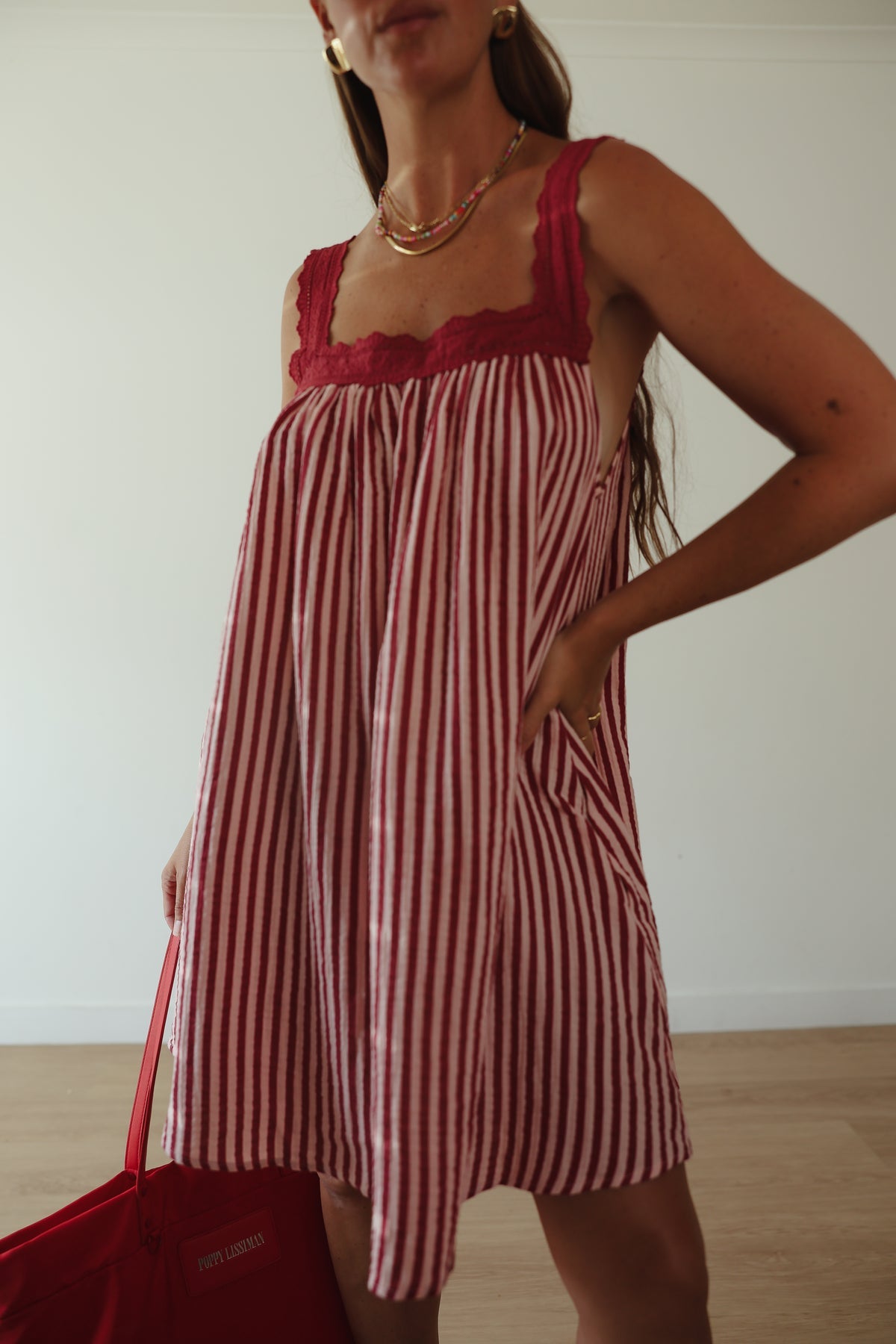 JUNO LACE NECK SLIP MINI DRESS | PINK & WINE STRIPE