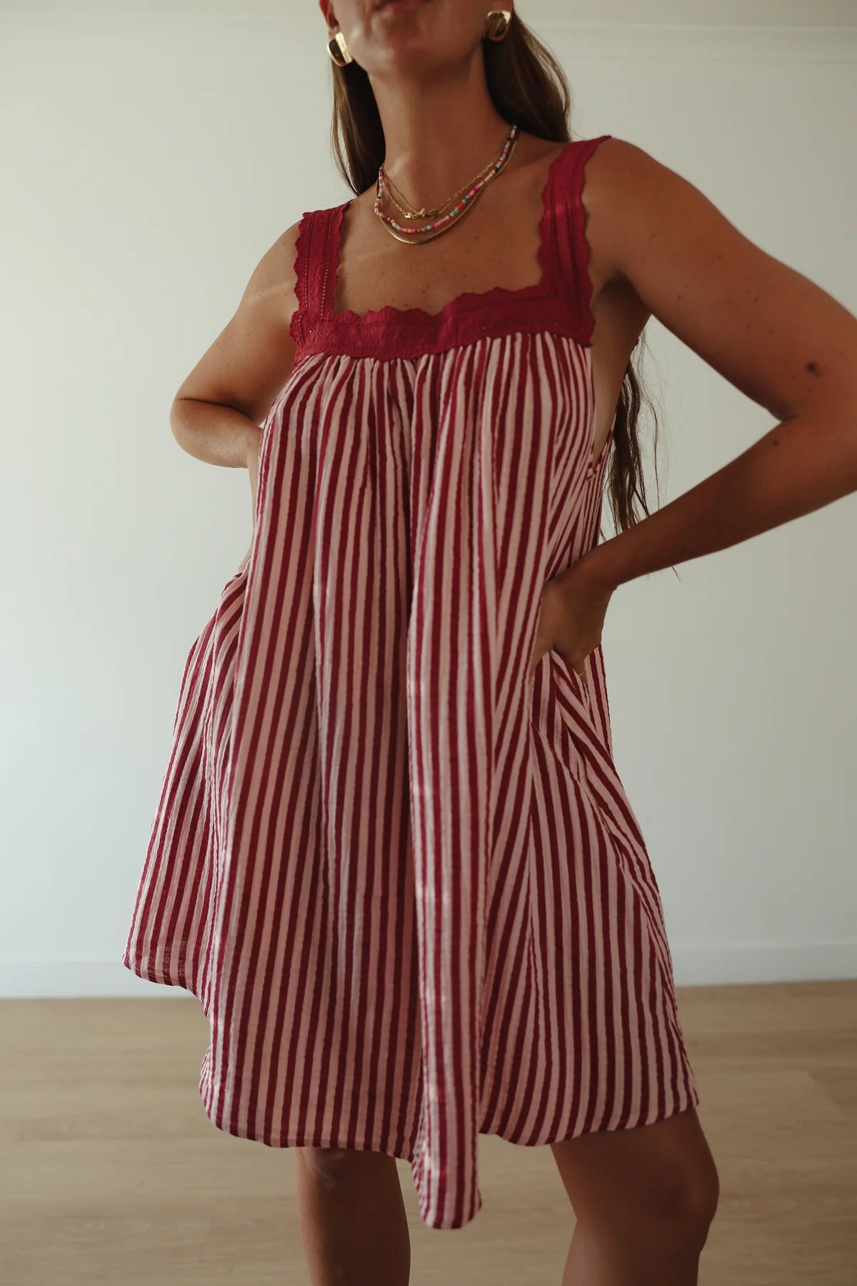 JUNO LACE NECK SLIP MINI DRESS | PINK & WINE STRIPE