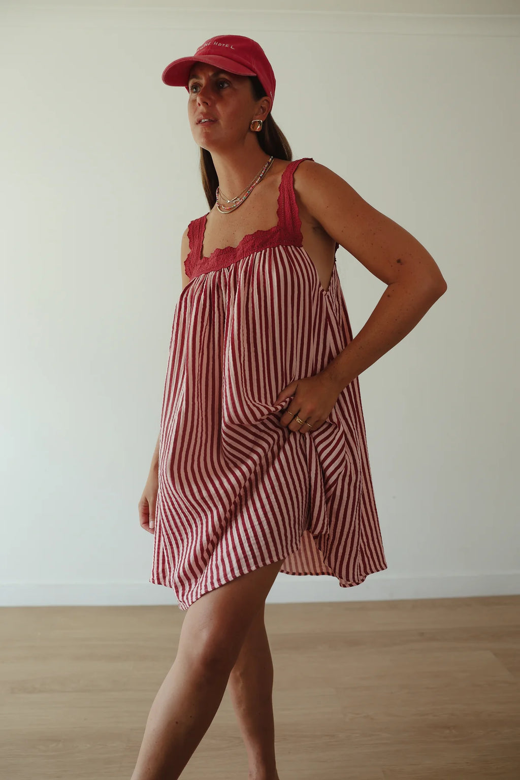 JUNO LACE NECK SLIP MINI DRESS | PINK & WINE STRIPE