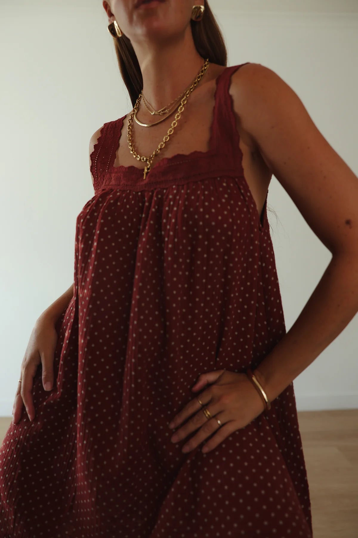 JUNO LACE NECK SLIP MINI DRESS | CHOCOLATE WITH BLUE POLKA DOTS