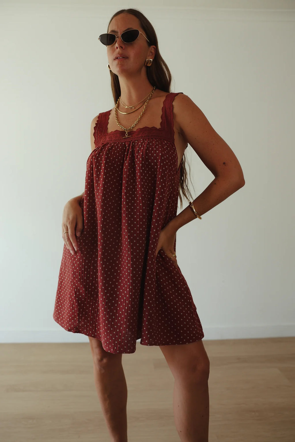 JUNO LACE NECK SLIP MINI DRESS | CHOCOLATE WITH BLUE POLKA DOTS