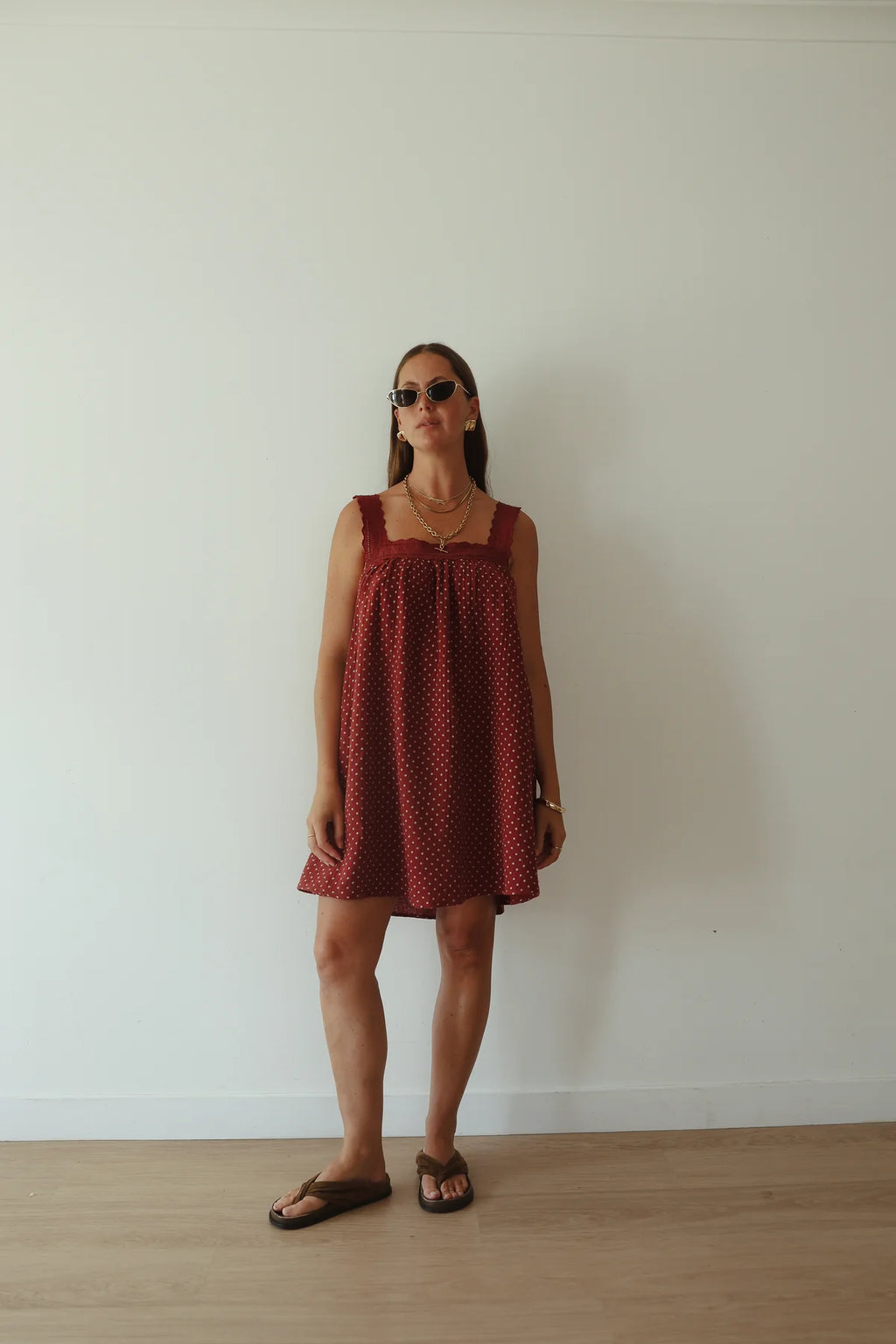JUNO LACE NECK SLIP MINI DRESS | CHOCOLATE WITH BLUE POLKA DOTS