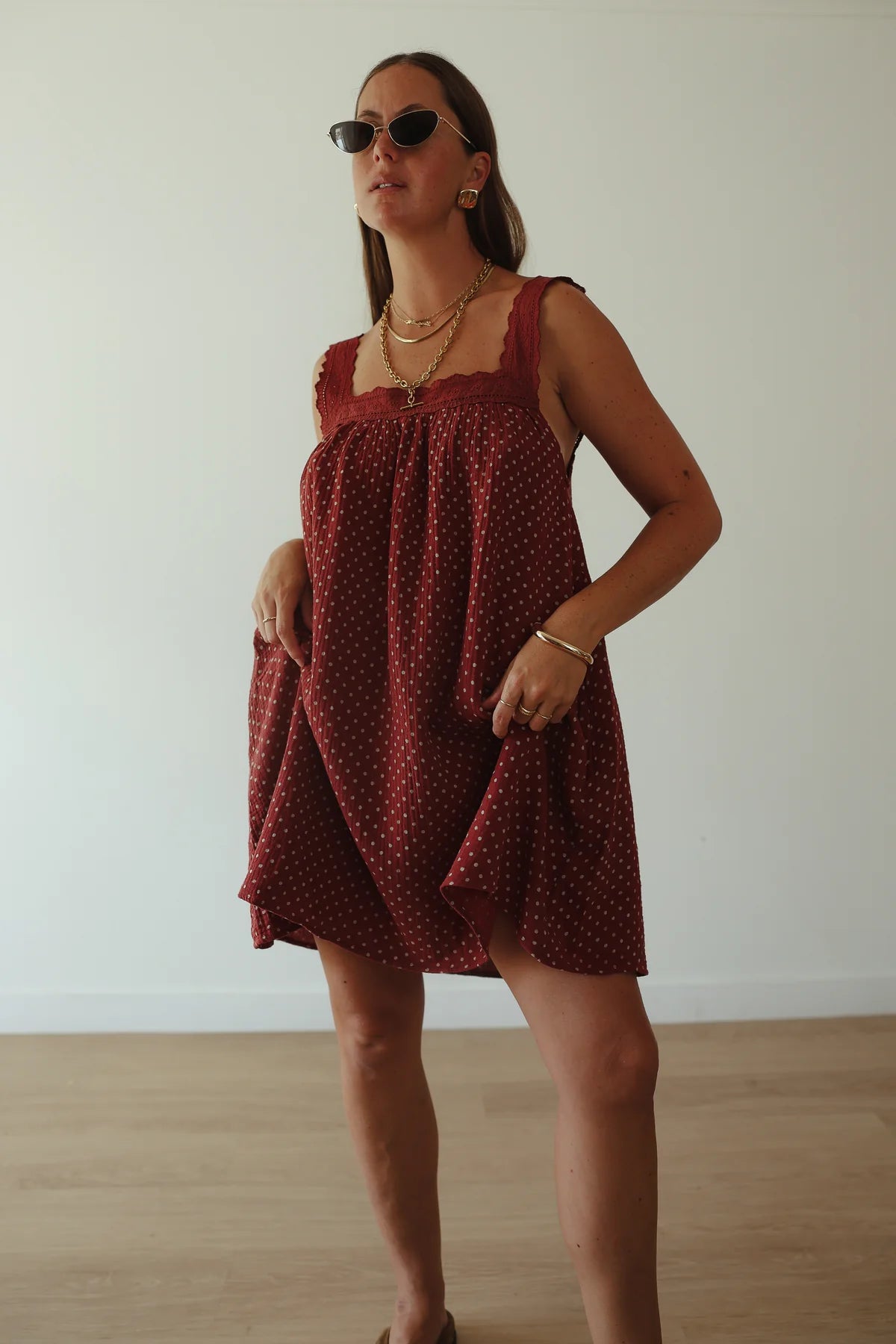 JUNO LACE NECK SLIP MINI DRESS | CHOCOLATE WITH BLUE POLKA DOTS
