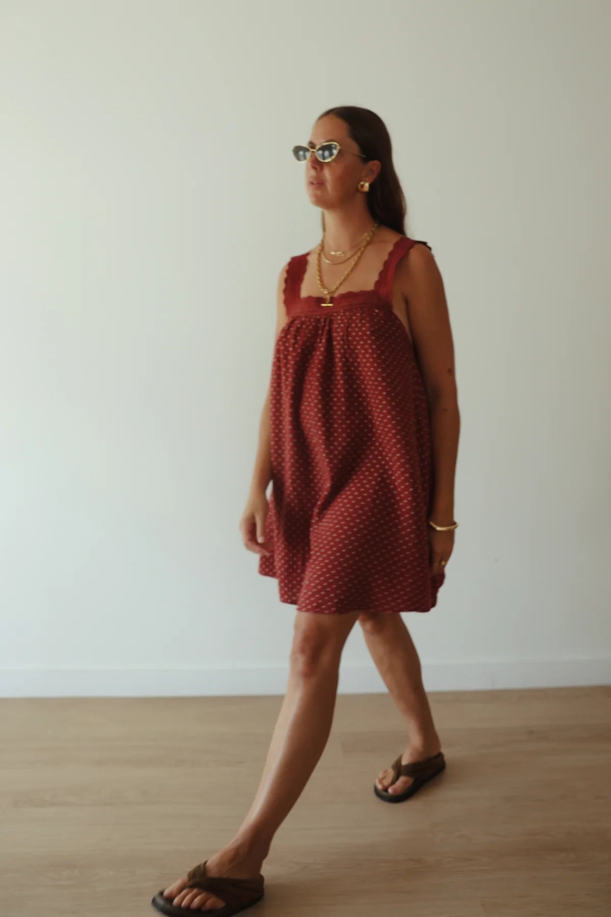 JUNO LACE NECK SLIP MINI DRESS | CHOCOLATE WITH BLUE POLKA DOTS