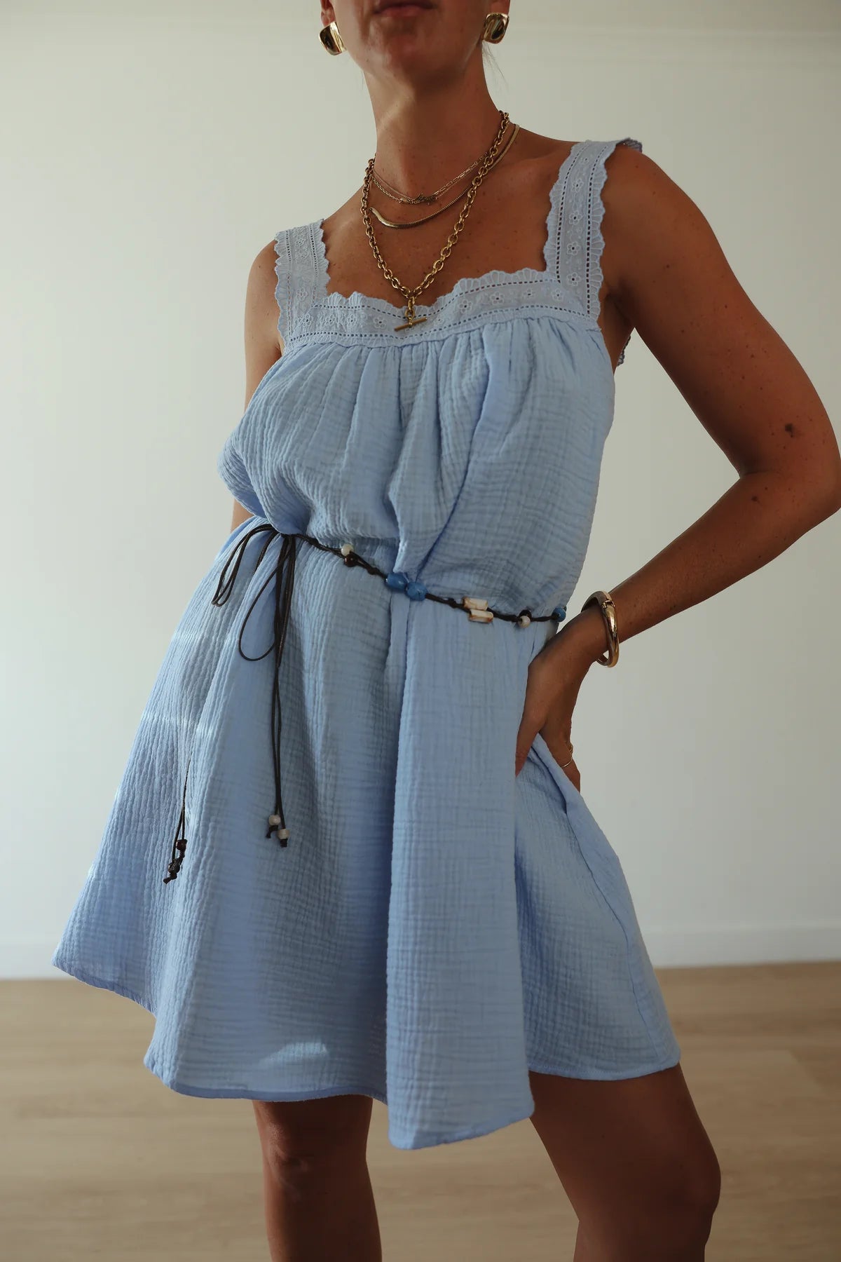 JUNO LACE NECK SLIP MINI DRESS | BABY BLUE