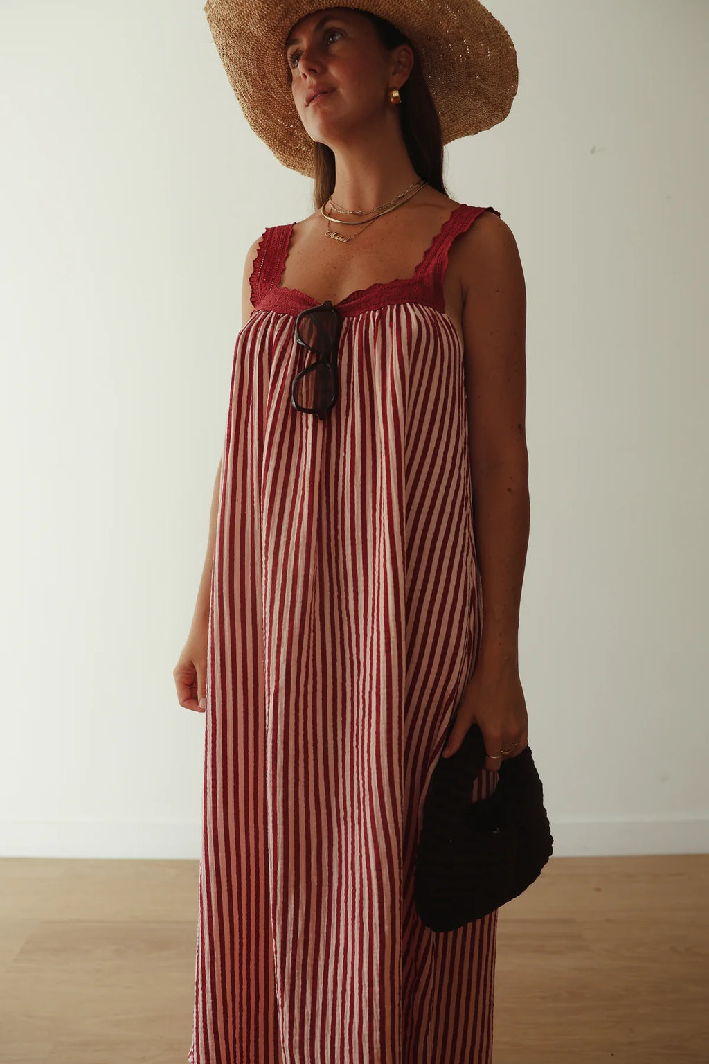 JUNO LACE NECK SLIP DRESS | PINK & WINE STIPE
