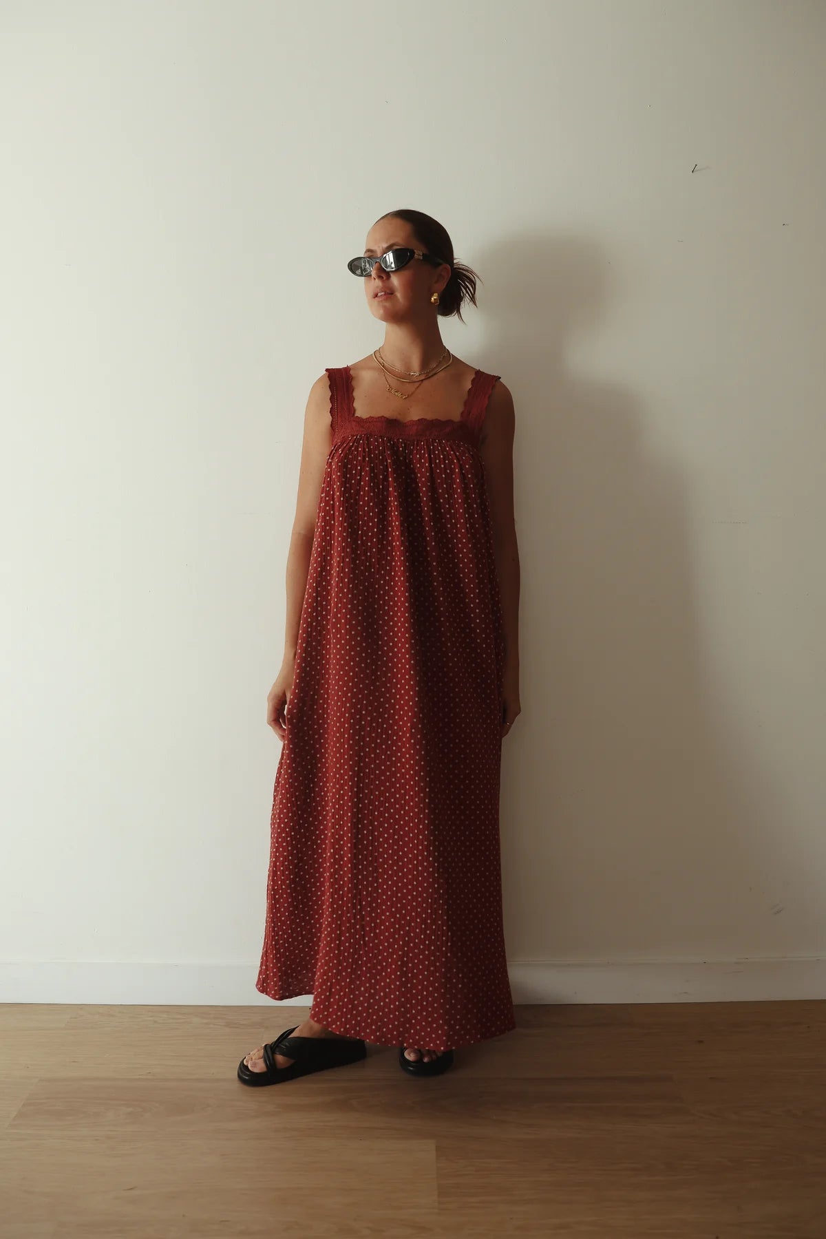 JUNO LACE NECK SLIP DRESS | CHOCOLATE WITH BLUE POLKA DOTS
