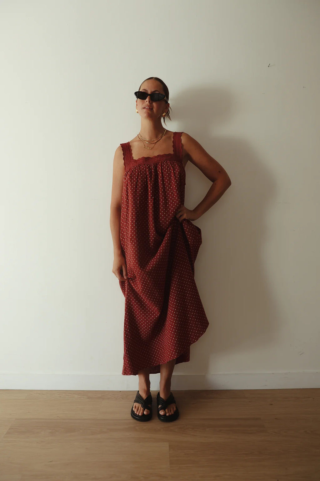 JUNO LACE NECK SLIP DRESS | CHOCOLATE WITH BLUE POLKA DOTS