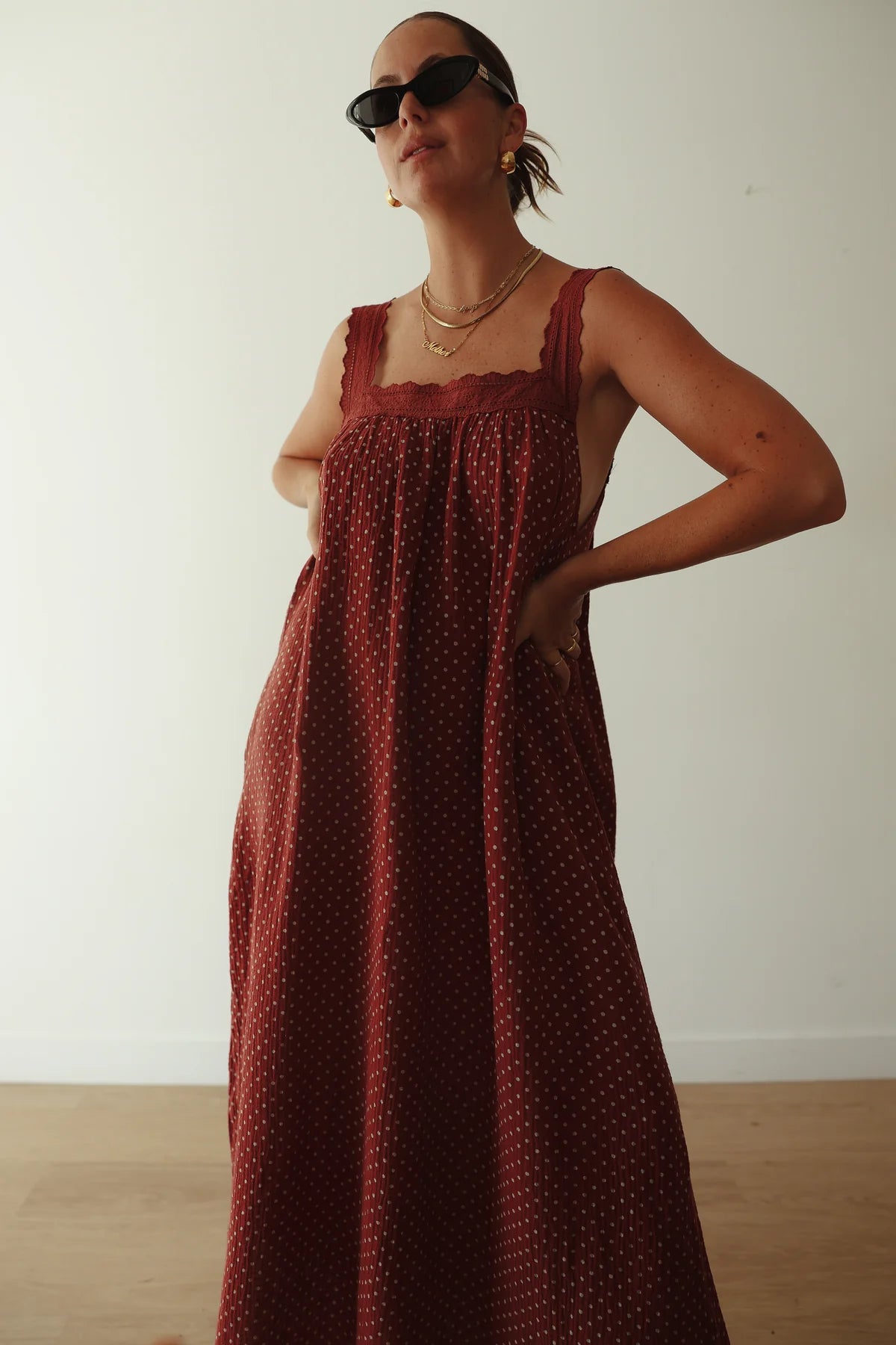 JUNO LACE NECK SLIP DRESS | CHOCOLATE WITH BLUE POLKA DOTS