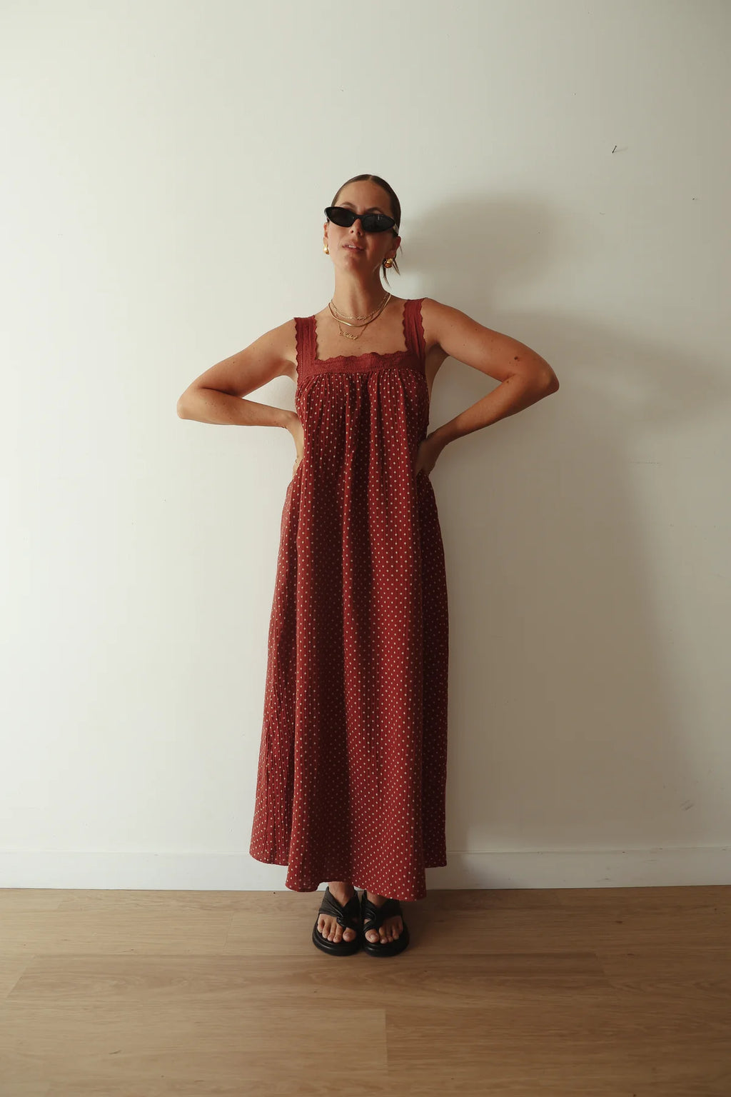 JUNO LACE NECK SLIP DRESS | CHOCOLATE WITH BLUE POLKA DOTS
