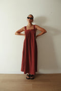 JUNO LACE NECK SLIP DRESS | CHOCOLATE WITH BLUE POLKA DOTS