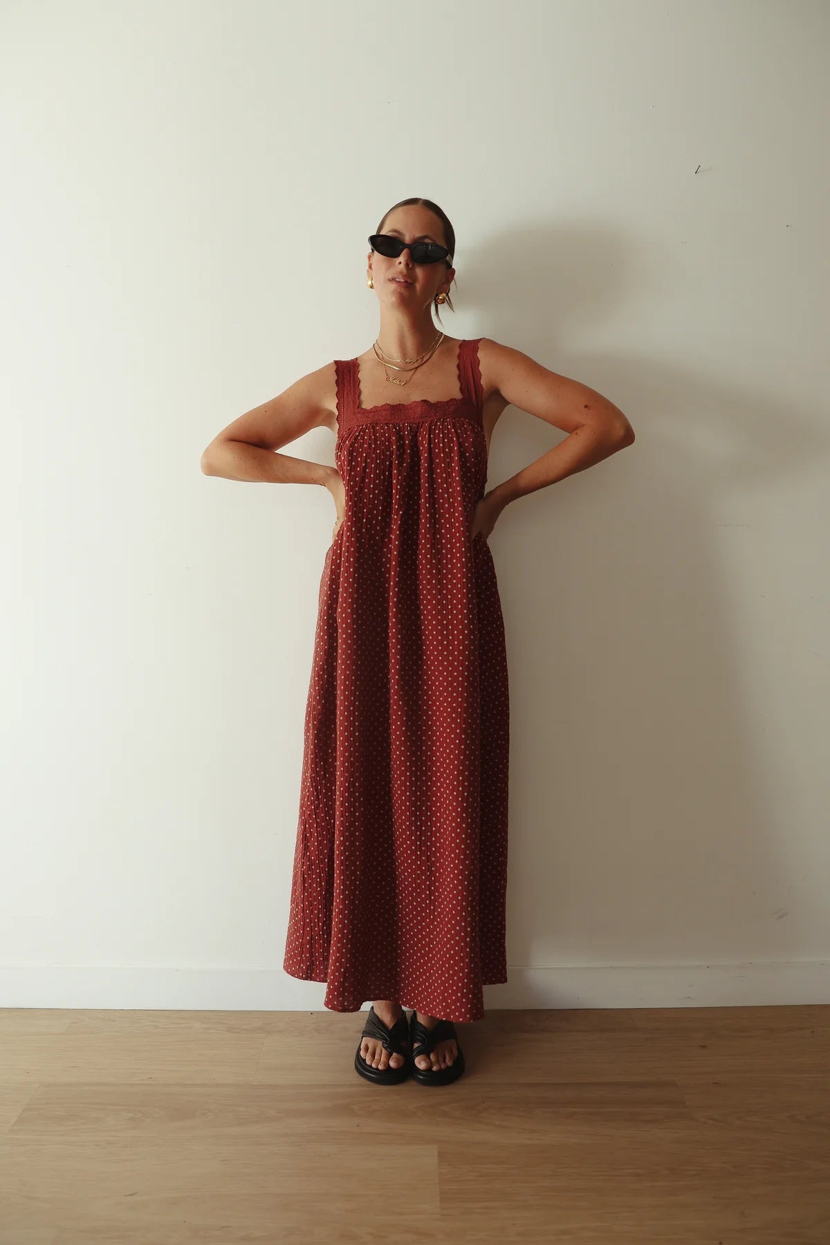 JUNO LACE NECK SLIP DRESS | CHOCOLATE WITH BLUE POLKA DOTS