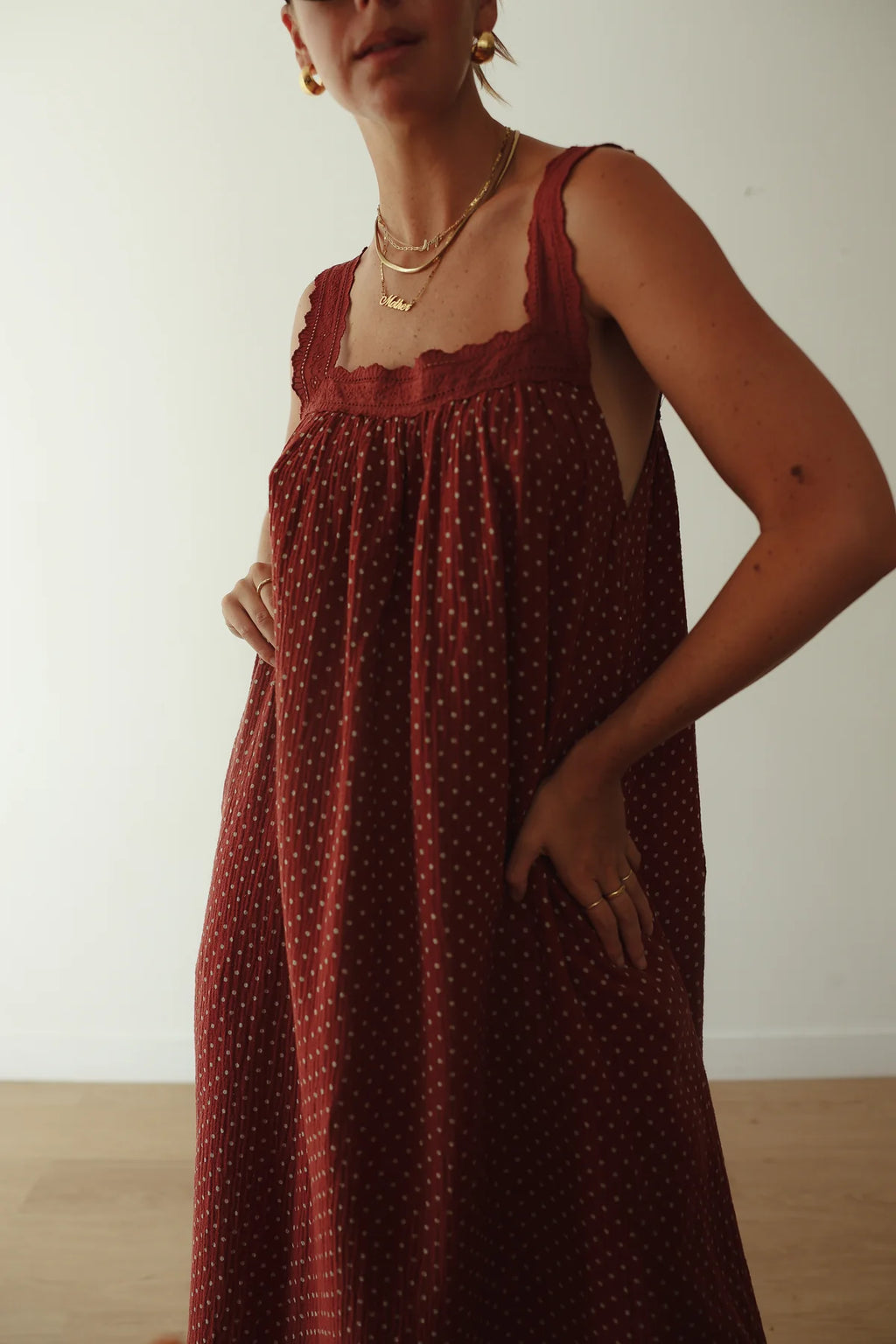 JUNO LACE NECK SLIP DRESS | CHOCOLATE WITH BLUE POLKA DOTS