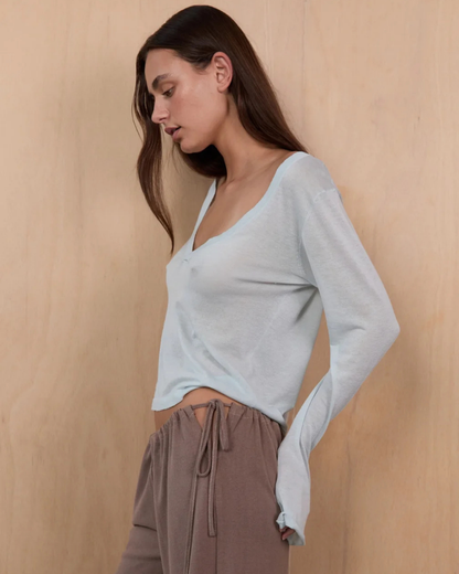 Pinky Kamal Knit LS V Neck Jersey Icy Blue