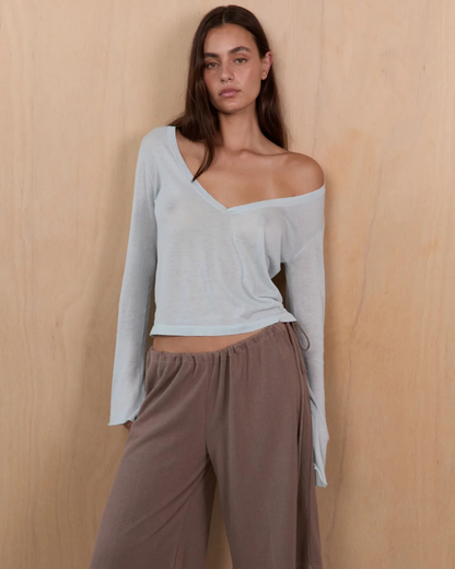 Pinky Kamal Knit LS V Neck Jersey Icy Blue