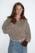 FOLD DOWN ZIPPER KNIT - DARK BROWN/CREAM STRIPE