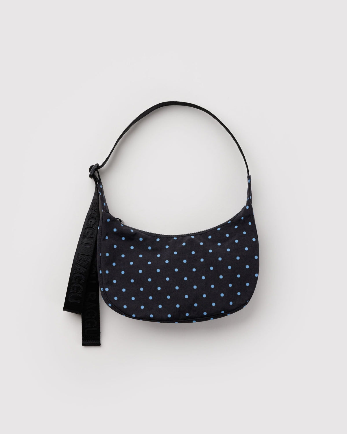 Baggu Small Nylon Crescent Bag Black and Sky Blue Micro Dot