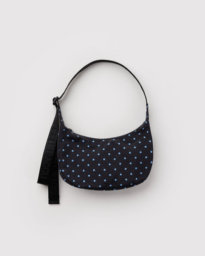 Baggu Small Nylon Crescent Bag Black and Sky Blue Micro Dot