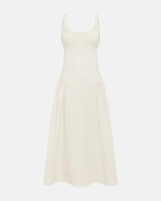 Olga Joan Drop Waist Midi Dress Crema Stripe