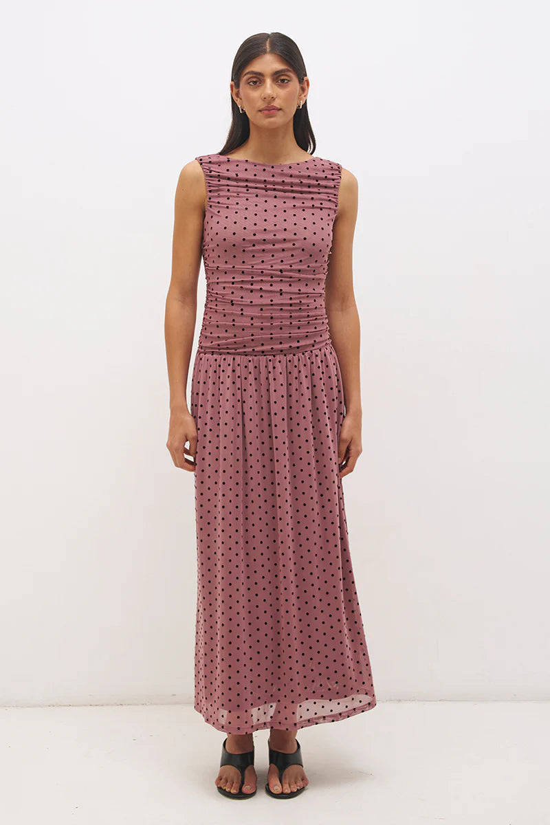 SONATA SPOT GATHERED DRESS | ROSEWOOD