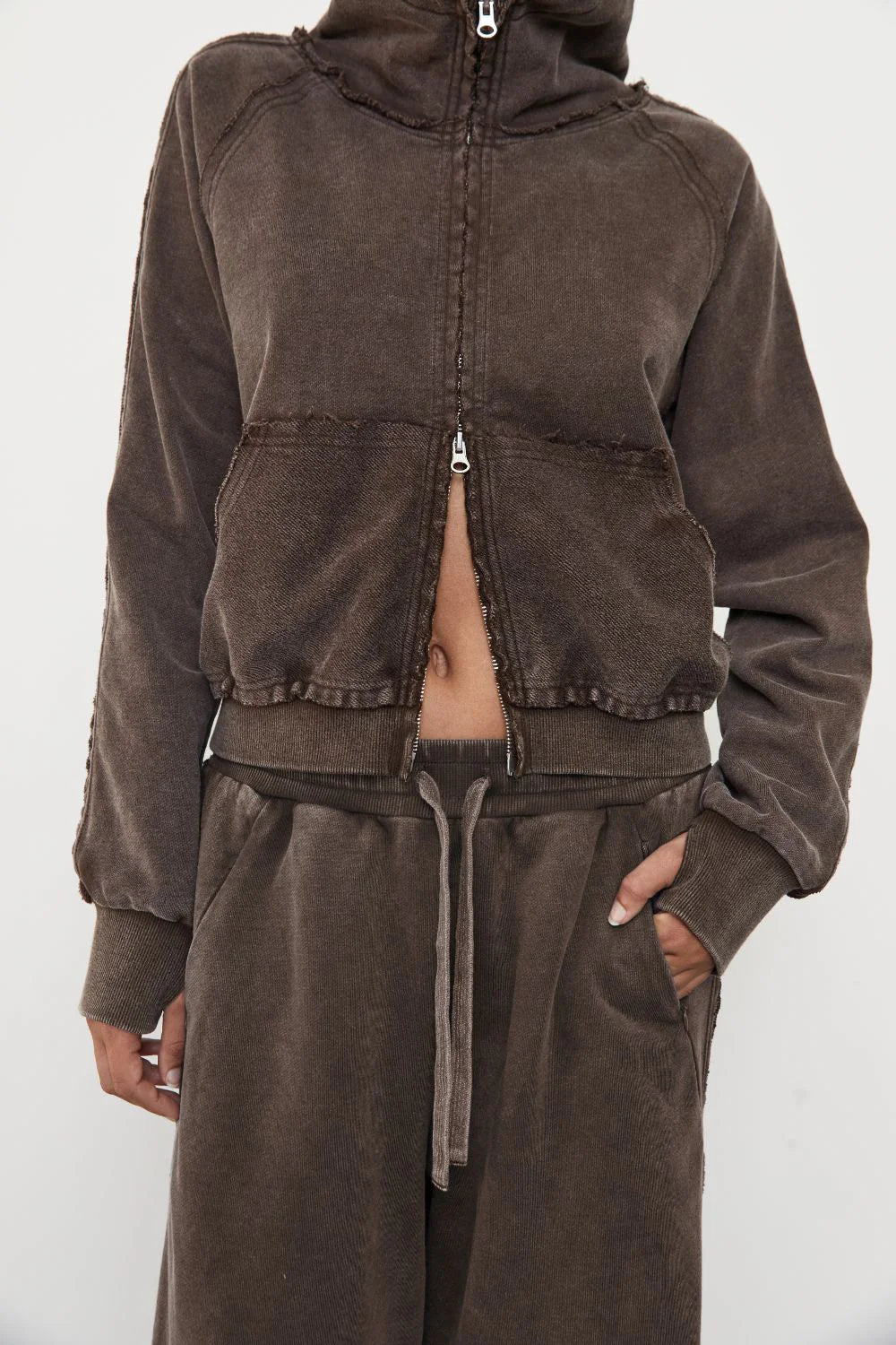 ZIP UP ACID WASH HOODIE - SOIL