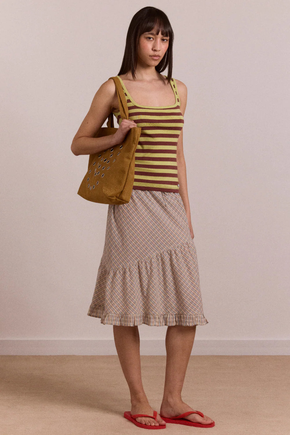 SIGOURNEY RUFFLE SPIRAL SKIRT | GINGER CHECK
