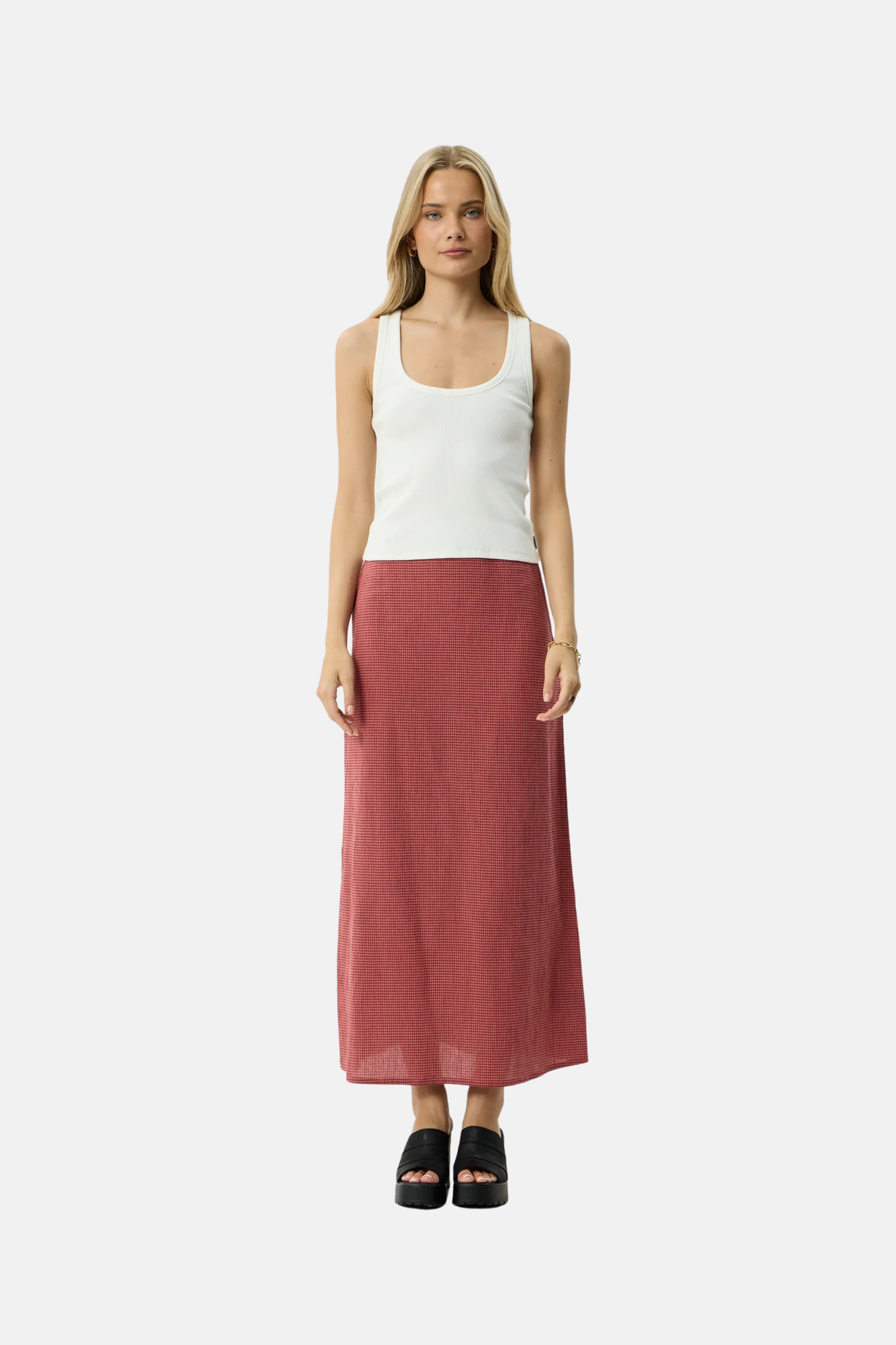 Afends Kali Indy Hemp Maxi Skirt Rose Check