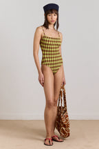 Damson Madder Lilibet Swimsuit Green & Choc Gingham Print