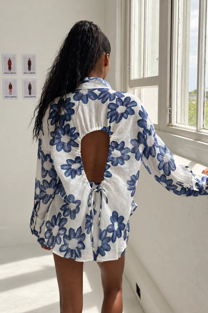 Zulu & Zephyr Blue Flower Ramie Tie Shirt