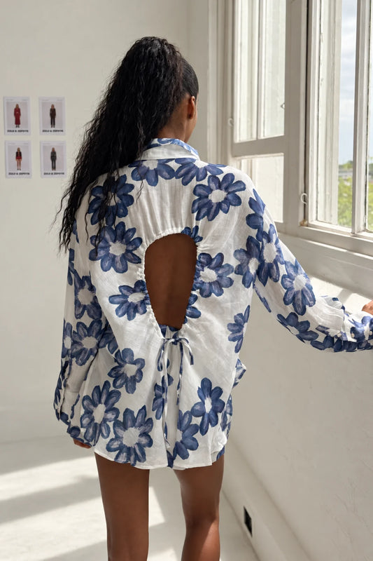 Zulu & Zephyr Blue Flower Ramie Tie Shirt