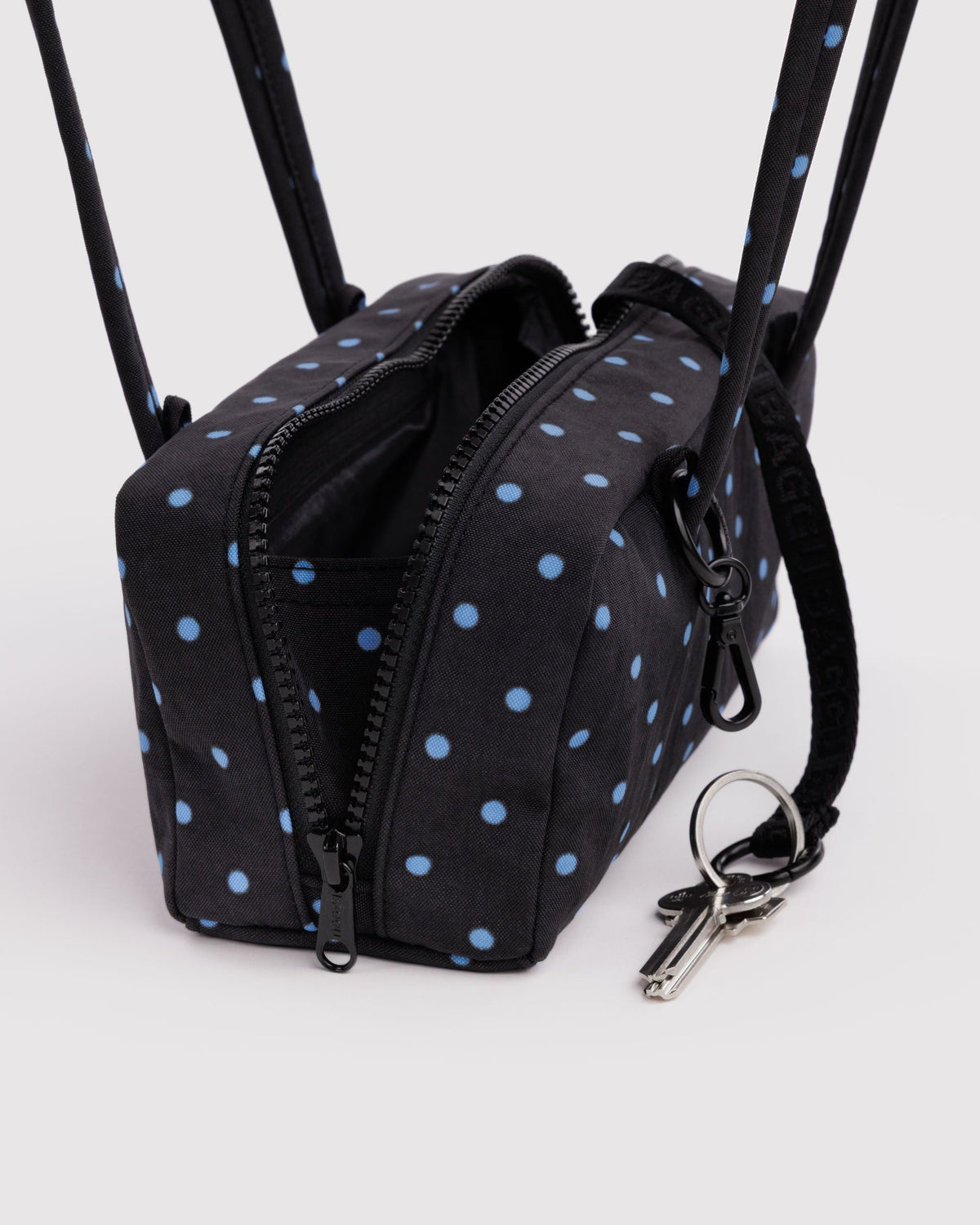 Baggu Small Nylon Bowler Bag Black and Sky Blue Micro Dot 4