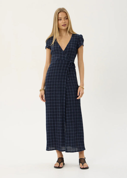 Afends Felicity Seersucker Maxi Dress Midnight Check