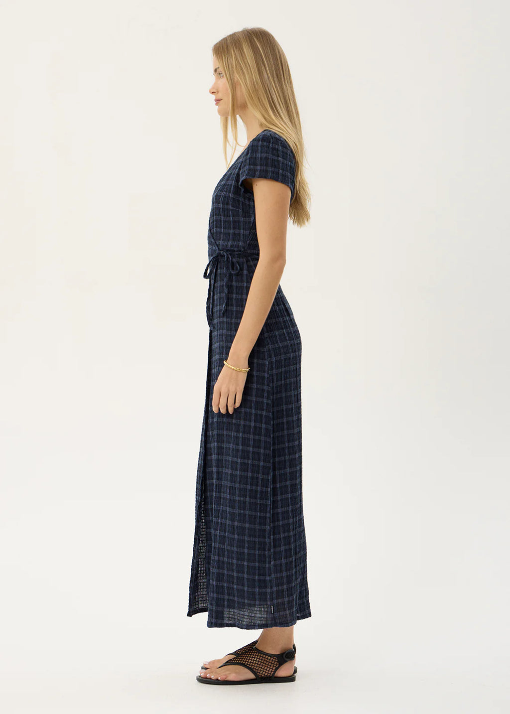 Afends Felicity Seersucker Maxi Dress Midnight Check